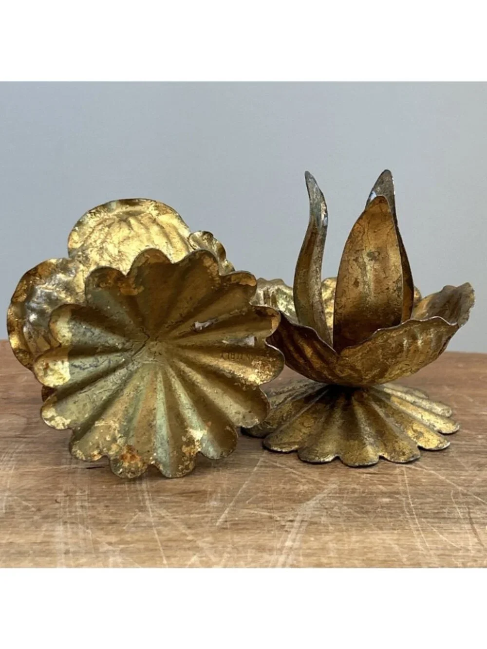 2- Italian Florentine Gilt Metal Tole Lotus Blossom Candleholder Made in Italy